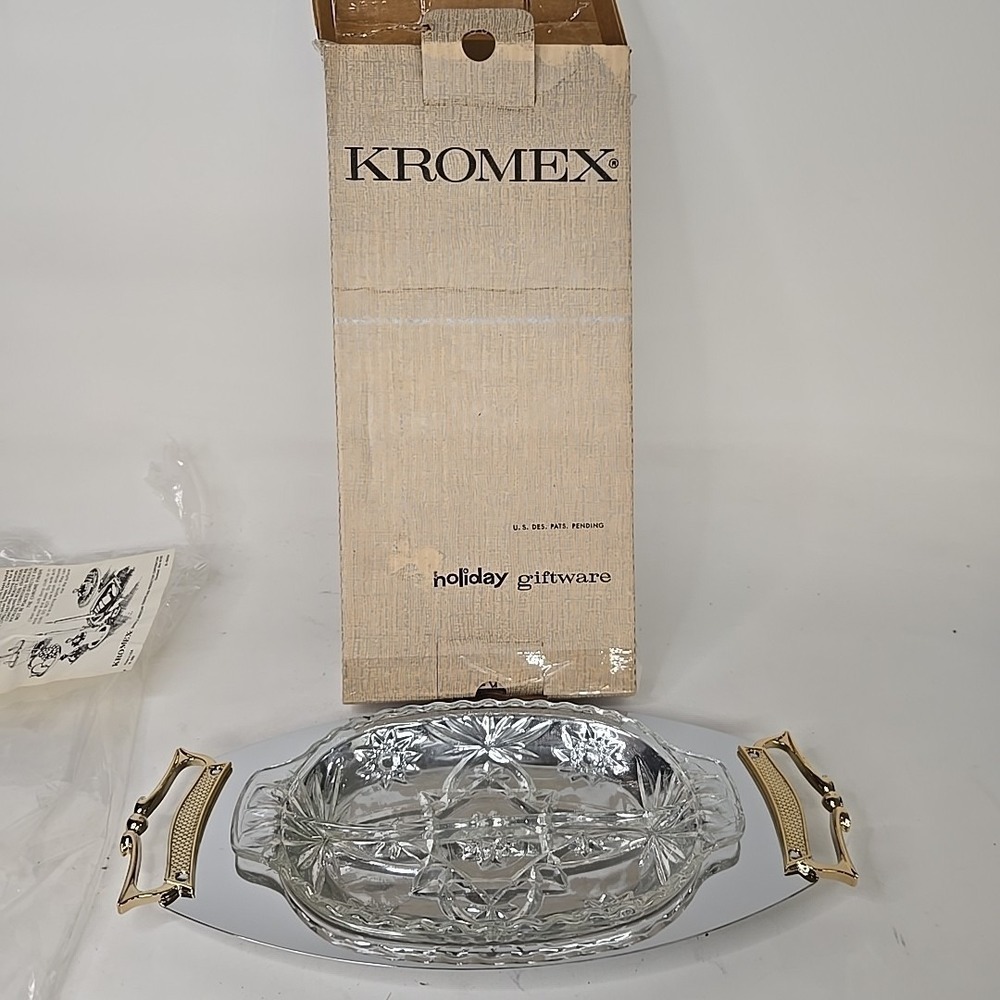 MCM‎ Art Deco Kromex Chrome Relish Aerver w/ Brass Handles
